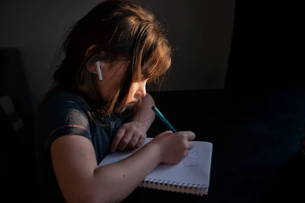 Kids Home Quarantine Emotional Portrait Smiling Girl Sitting Desk Drawing — Stock Photo, Image