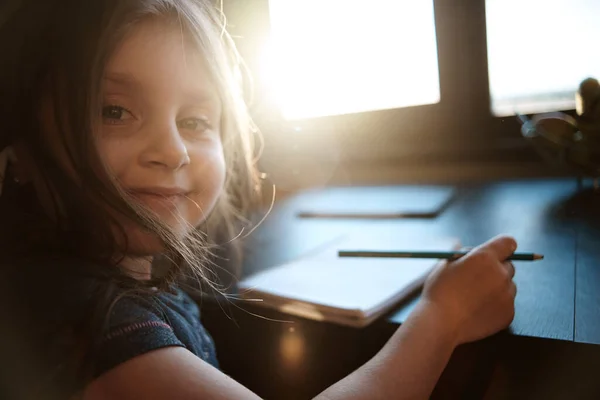 Kids Home Quarantine Emotional Portrait Smiling Girl Sitting Desk Drawing — Stock Photo, Image
