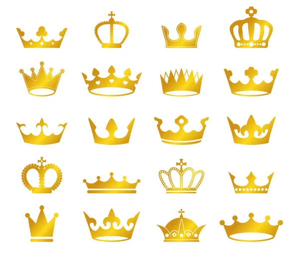 Vetor conjunto de coroas douradas retro no fundo preto —  Vetores de Stock