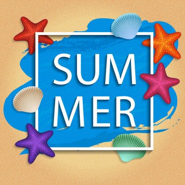 vektör yaz çerçeve kabukları ve deniz yıldızları plaj kum zemin üzerine