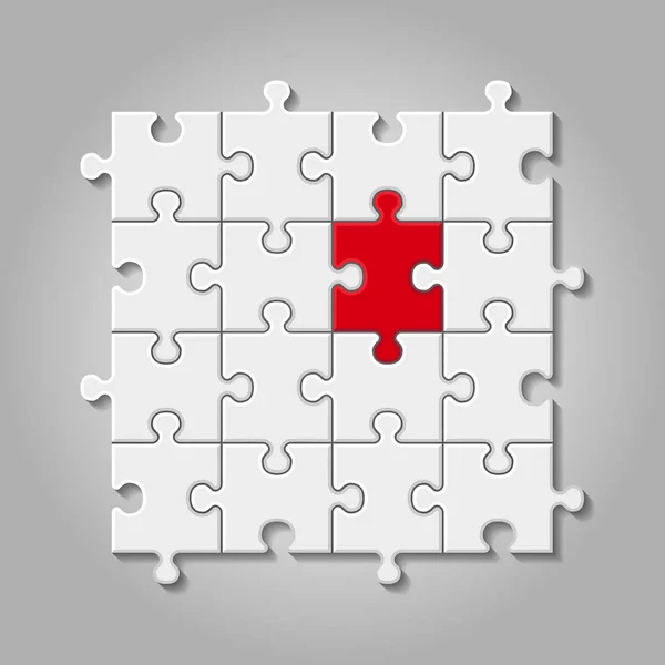 Illustrazione di puzzle bianco fatto di piccoli pezzi con elemento rosso — Vettoriale Stock