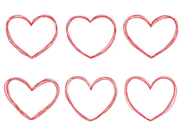Vektorsammlung Roter Handgezeichneter Herzen Auf Weißem Hintergrund — Stockvektor