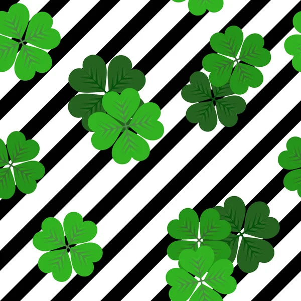 Vector Stripes Seamless Black White Pattern Green Shamrocks — ストックベクタ