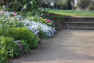 Adımları çimenliğe götüren patikalı yaz bahçesi.