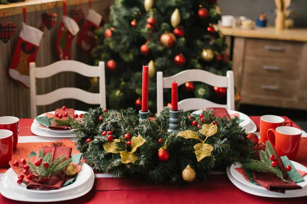 Decoração Mesa Festiva Cenário Mesa Jantar Natal — Fotografia de Stock