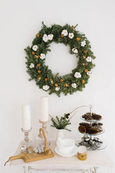 Christmas Wreath Wall Table Candles Cones Lie Christmas Card — Stock Photo, Image
