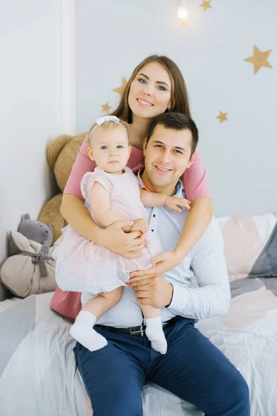 Family Portrait Happy Mom Dad One Year Old Daughter Smile — Stock Photo, Image