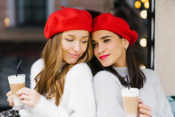 Beautiful Cute Girlfriend Girls Red Berets Holding Latte Coffee Female — Stock Photo, Image