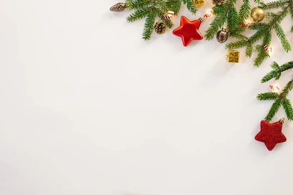 Composição Natal Fronteira Moldura Decorações Natal Ramos Abeto Cones Estrelas — Fotografia de Stock
