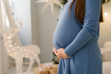 Mavi elbiseli hamile bir kadının göbeği. Ellerini karnının altından, parlayan bir Noel geyiğinin arka planına doğru tutuyor.