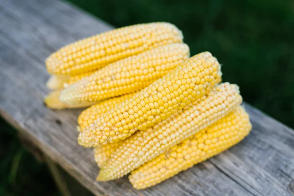 Ripe Organic Corn Lies Old Wooden Board — Stock Photo, Image