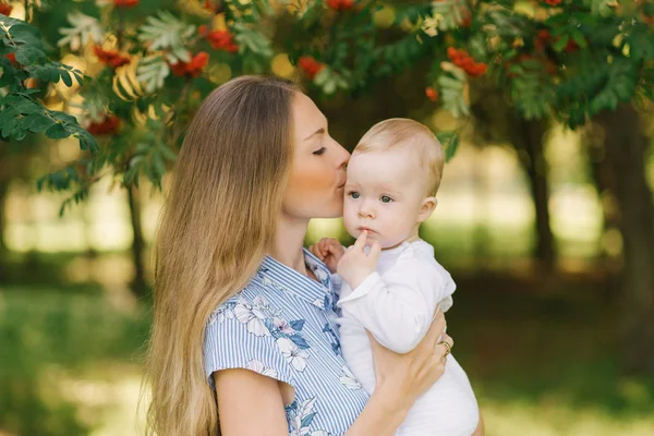 Sweet Gentle Young Woman European Mother Holds Her Little Son — Stock Photo, Image