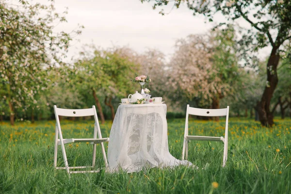 Romantisches Abendessen Blühenden Apfelgarten Zwei Weiße Stühle Und Ein Tisch — Stockfoto