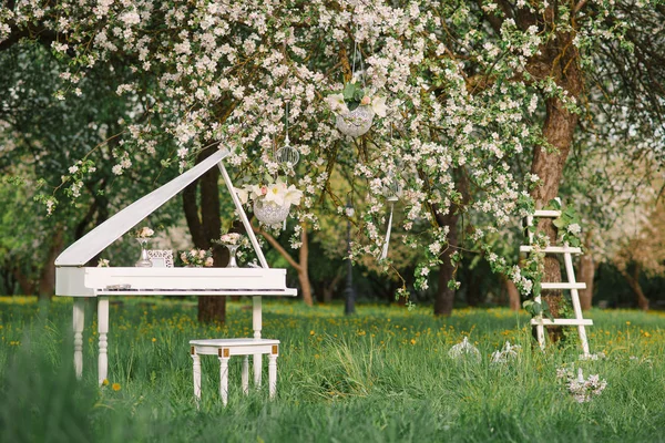 White Grand piano and white staircase with romantic decor in spring in a blossoming Apple tree garden