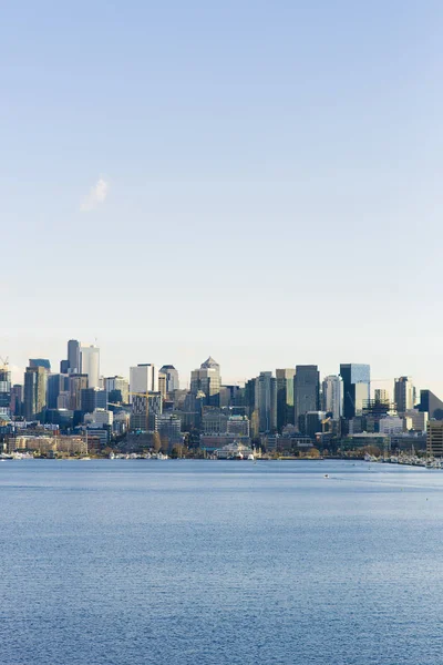Seattle, Usa. Kasım 2019. Körfez manzarası ve şehir merkezindeki gökdelenler. Dikey çekim