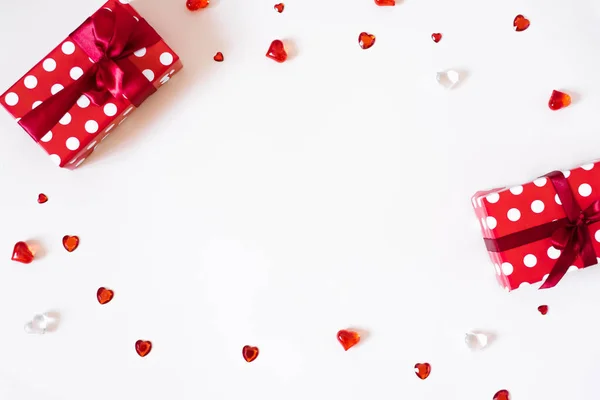 The Background Of Valentine's Day. Gifts with bows, confetti, rh — Stock Photo, Image