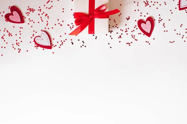 Gift white box with beautiful red ribbon and hearts Concept of V — Stock Photo, Image