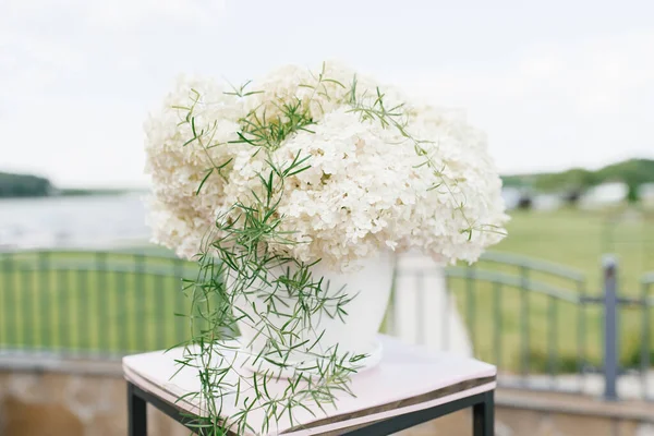 Sammansättning av vita hortensior i bröllopsinredningen av utgången — Stockfoto