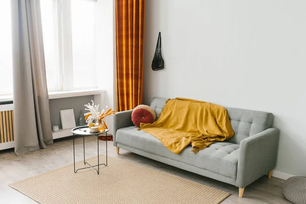Szara sofa w salonie w skandynawskiej minimalistycznej naturze — Zdjęcie stockowe