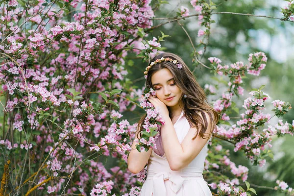 A beautiful romantic girl in a pink delicate dress stands in the — Stock Photo, Image