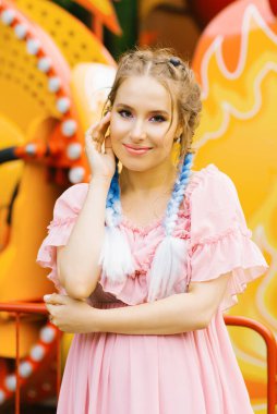 Professional bright makeup for a beautiful European woman in a p