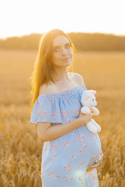Eine schwangere junge Frau in blauer Uniform steht in einem Feld mit — Stockfoto