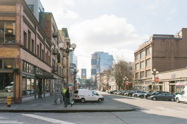 Seattle, Washington, ABD. Mart 2020. Şehrin Spring Caddesi, Pioneer Meydanı 'nda.