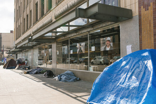 Seattle, Washington, USA. March 2020. The tents of homeless people in downtown Seattle