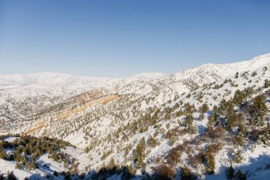 Karla kaplı tepeler, kışın Özbekistan dağlarında güneşli bir günde