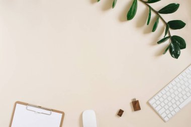 Klavyesi, faresi, kalemi, usb sürücüsü ve açık bej arkaplanı olan boş bir sayfa kağıdı olan Notepad 'in modern masaüstü ya da blog yazarı. Düz yatıyordu