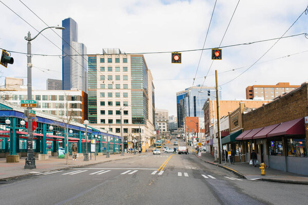 Seattle, Washington, USA. March 2020. Avenue near the Central railway station