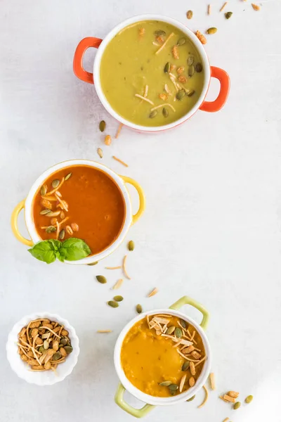 Bowls of soup and garnish. — 스톡 사진