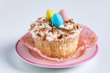 Kızarmış hindistancevizi ile yapılan Paskalya keki üç küçük yumurtaya yuva yapmak için, yemeye hazır..