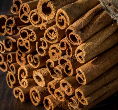 Macro view of a bunch of cinnamon sticks bound by twine.