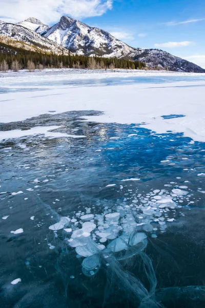 Pohled na jezero Abraham v Albertě s bublinami metanu vytvořenými v ledu. — Stock fotografie