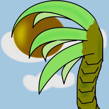 Arka plan olarak bulutlar ile mavi gökyüzü ile hindistancevizi meyve ile uzun palmiye ağacı.