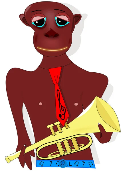 Müzikal motifi ile yarı çıplak tulum kravat onun elinde altın trompet