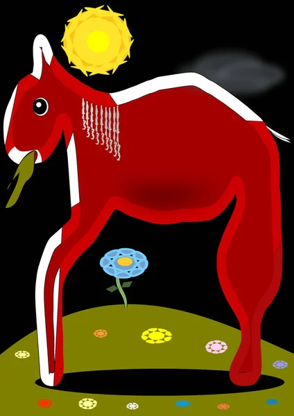 Reddish Donkey Grazing Peacefully Meadow Sunny Poetic Night Style Play — Stock Photo, Image