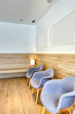 Gri sandalyeli, resimli, beyaz duvarlı modern tasarım resepsiyonu. Ahşap zemin ve ekran. Diş Kliniği.