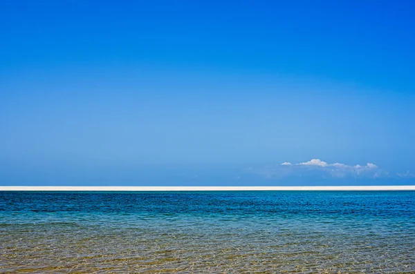 Tropikal kum, mercan ve mavi deniz arka plan beyaz plajlı tropikal kum ve mercanlı bitkiler ve mavi deniz zeminli. Horizont. Mozambik 'te. Vilankulos. Kötü adamlar.