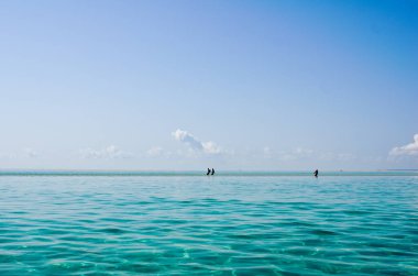 Tropikal deniz bulutlu, mavi gökyüzü ve deniz yosunlarının arka planını görebilen şeffaf bir gökyüzü. Ufukta balıkçı teknesi görünüyor..