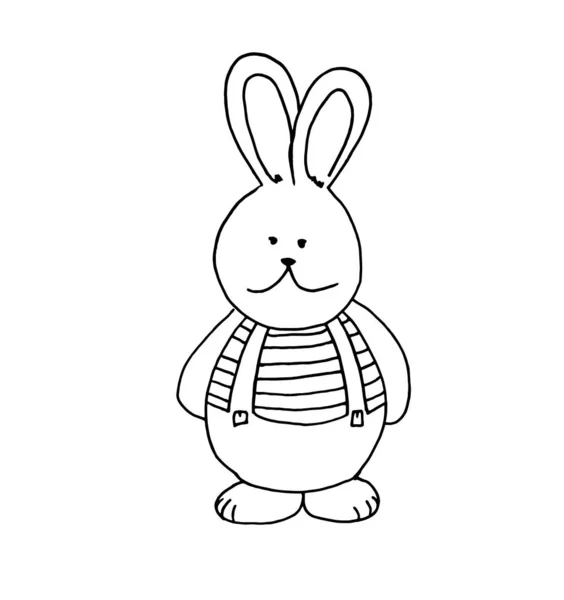 Cute hand-drawn doodle bunny boy in strips t-shirt and pants wit