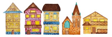Set with five watercolor old european brick houses 