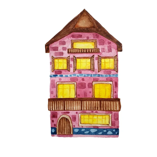 Акварель ручной работы старый европейский розовый брик дом с деревянным — стоковое фото