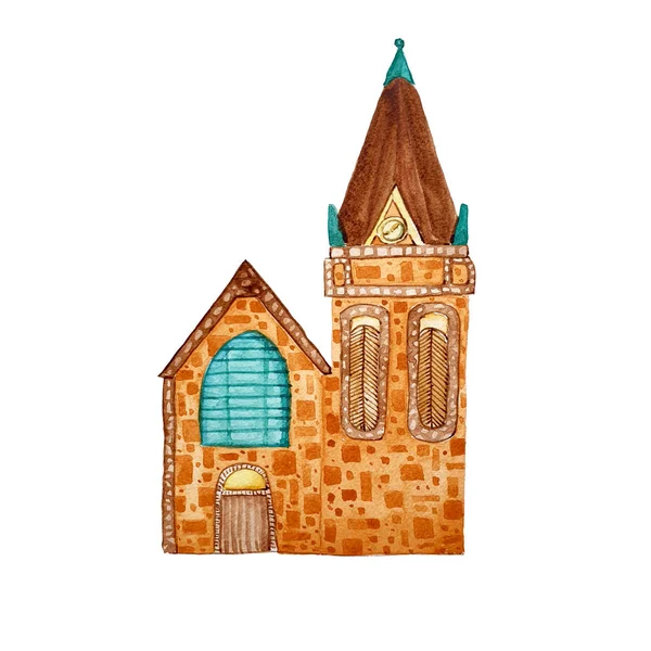 Watercolor mão desenhada antiga igreja de tijolo europeu no backgro branco — Fotografia de Stock