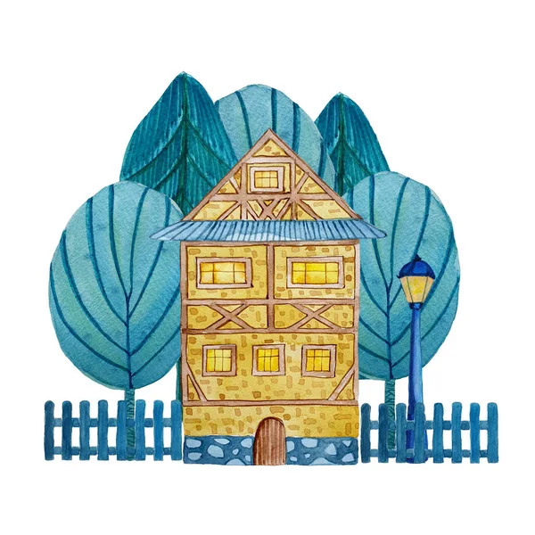 Watercolor mão desenhada antiga casa de tijolo europeu com árvores e st — Fotografia de Stock