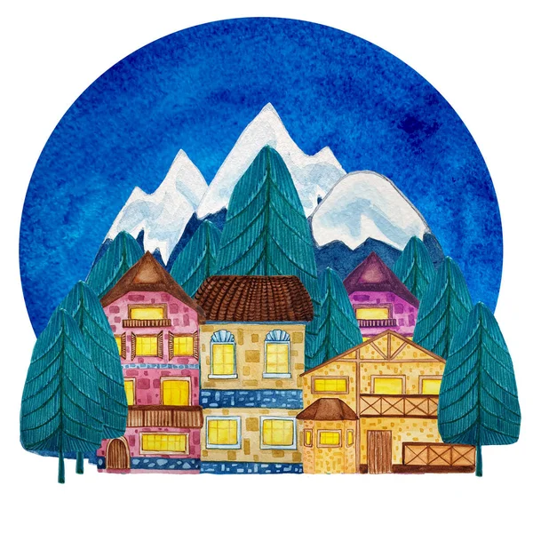Aquarela casas desenhadas à mão e montanhas, pinheiros . — Fotografia de Stock