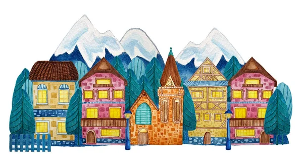 Watercolor rua desenhada à mão de pequena cidade de montanha com bri velho — Fotografia de Stock