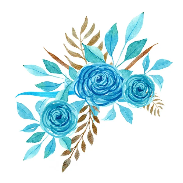 Akwarela niebiesko-złote kwiaty, liście. Bukiet. — Zdjęcie stockowe