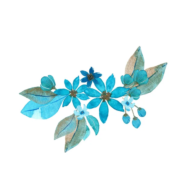 Akwarela ręcznie rysowane niebieskie i złote kwiaty. Etykieta na pocztówkę — Zdjęcie stockowe